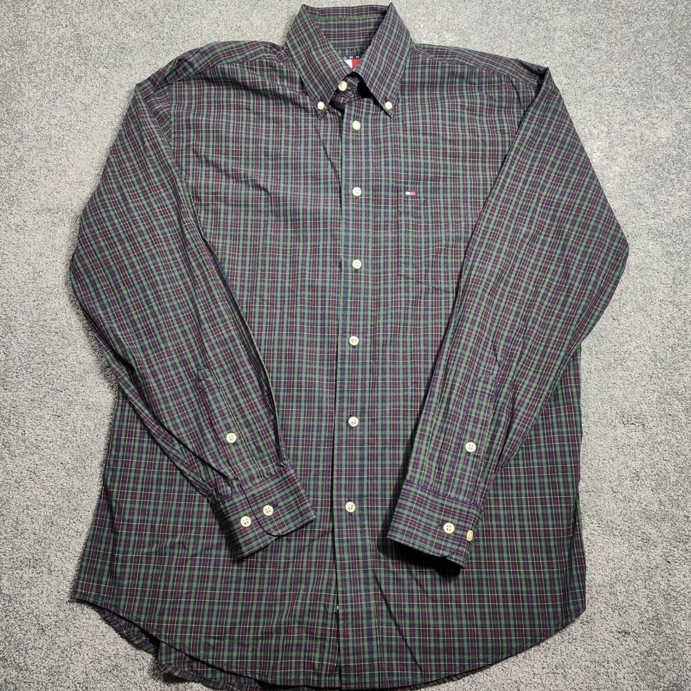 Tommy Hilfiger Mens Button Down Shirt Long Sleeve Plaid Green Small